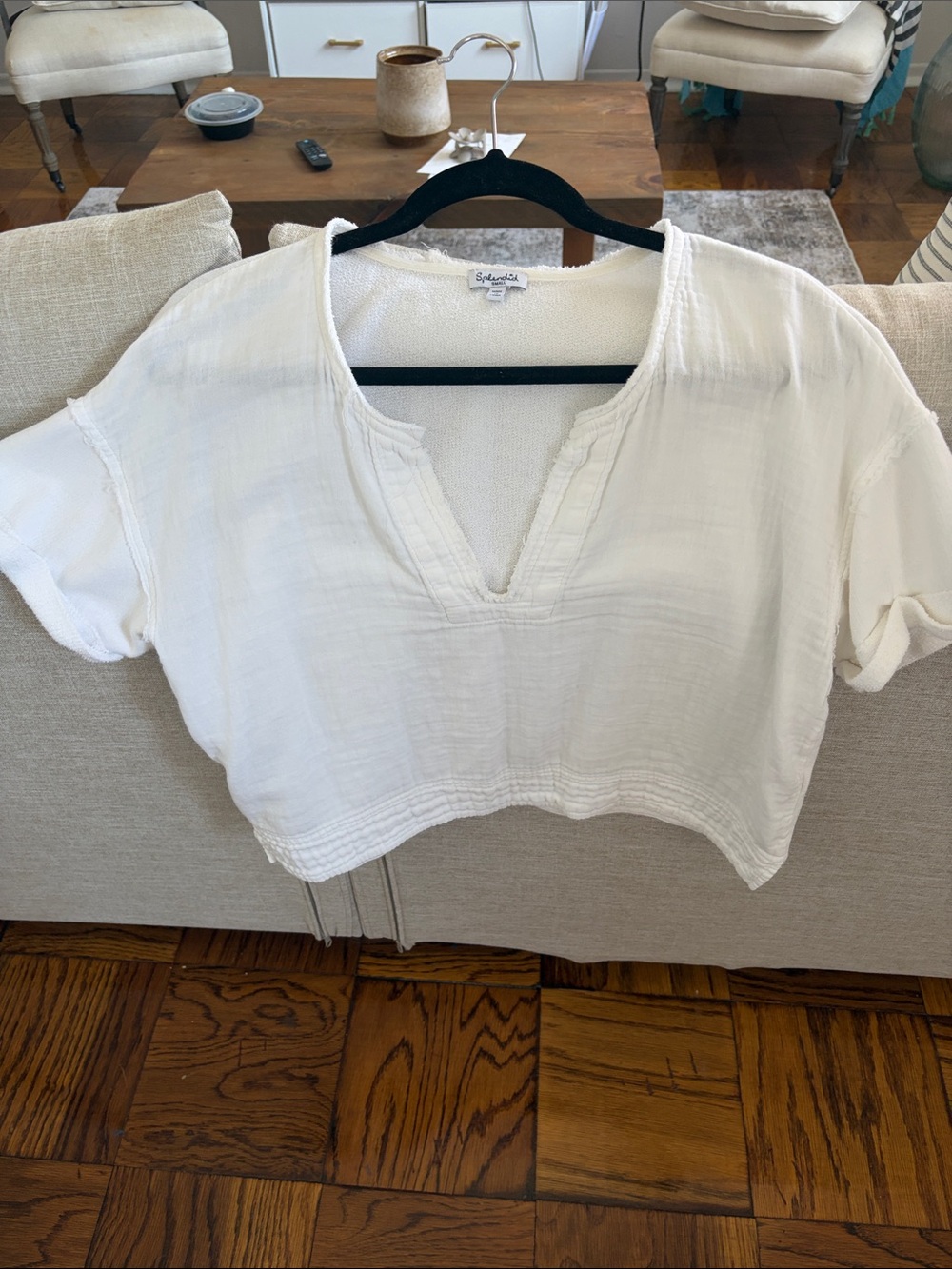Splendid White Cotton Gauze Cropped Split-Neck Top